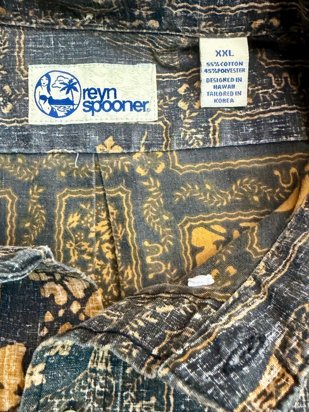 reyn spooner Blue Button-Up Shirt with Pale Orange Hawaiian Print XXL - Picture 3 of 4
